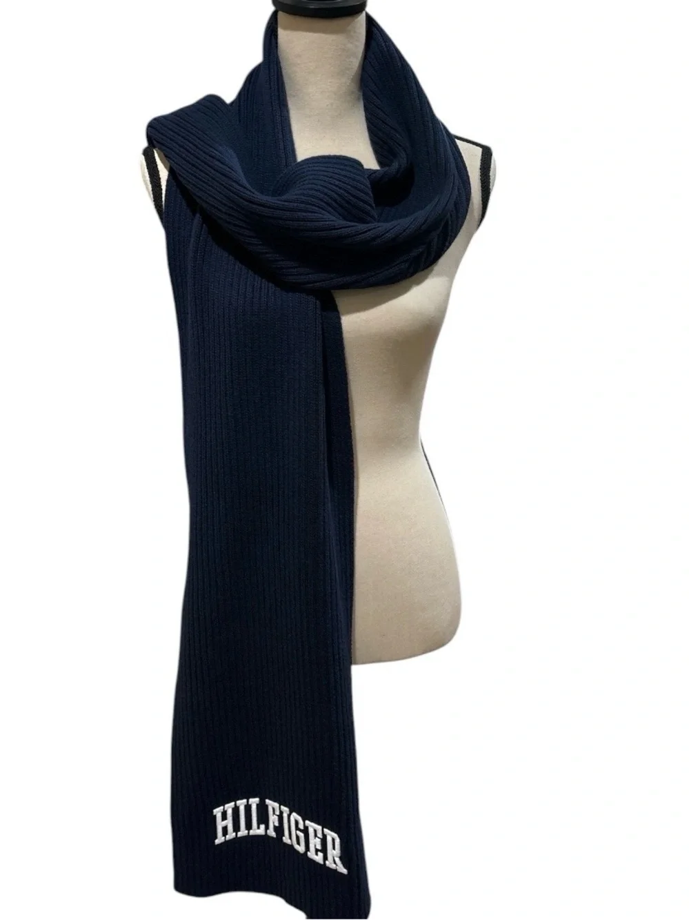 Tommy Hilfiger 90s Vintage Scarf Navy Ribbed Knit Preppy Embroidered Logo